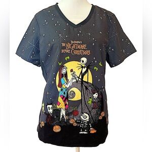 Rare Disney Nightmare before Christmas Halloween scrub top jack Sally pocket M